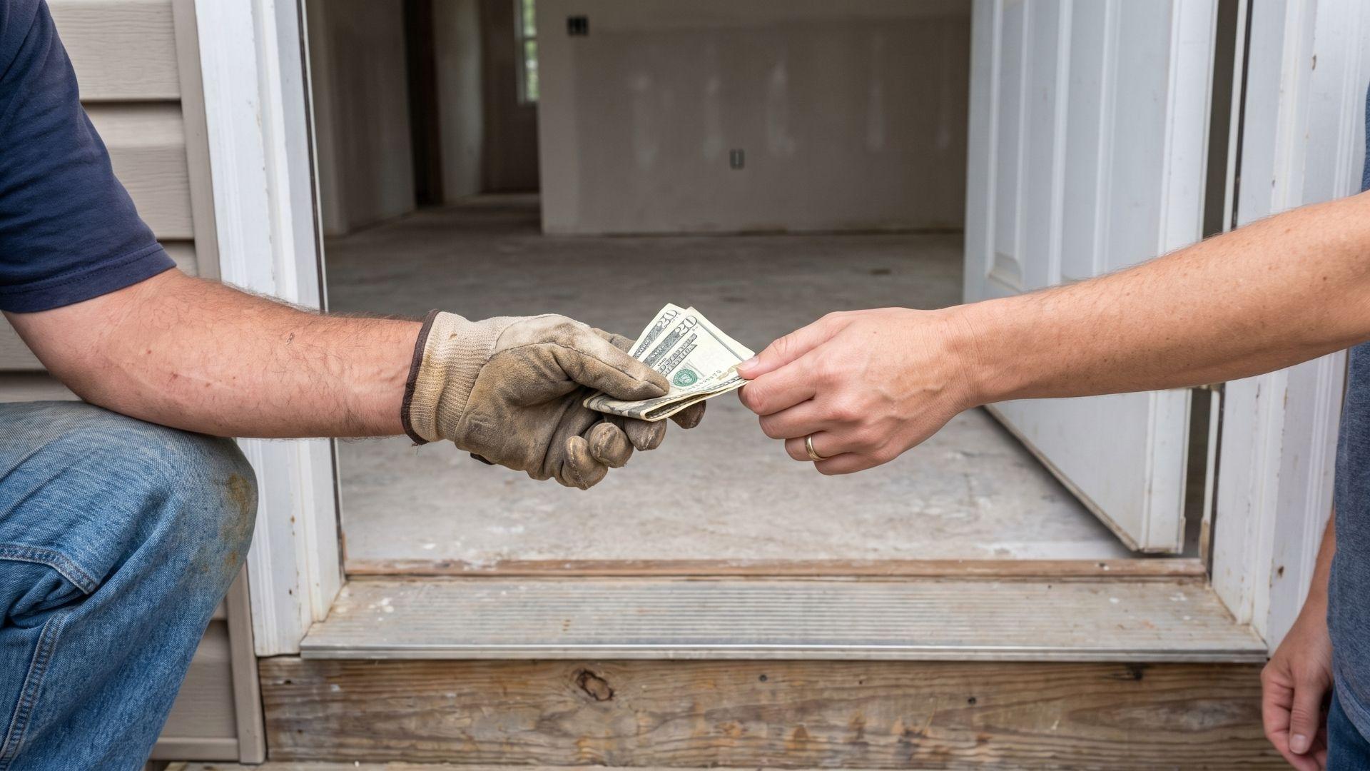 Cash being handed at a residential doorway with an unstarted interior renovation visible in the background