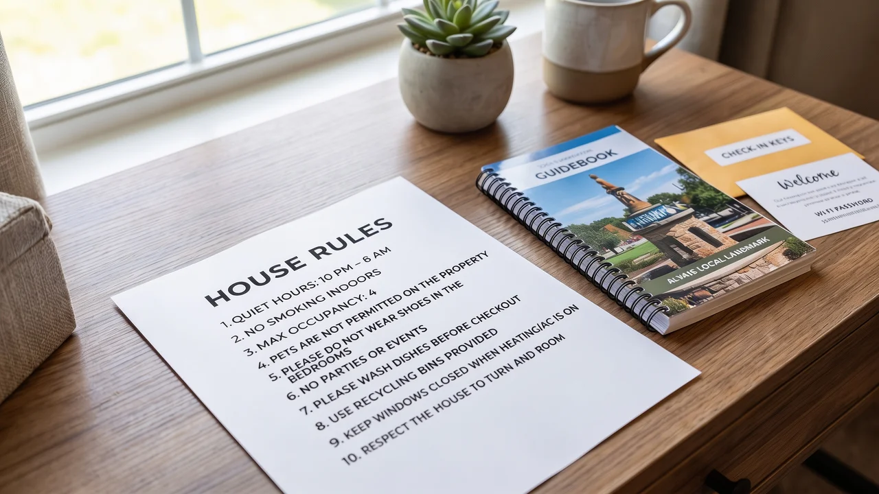 Rental house rules arranged with keys and property items on a table