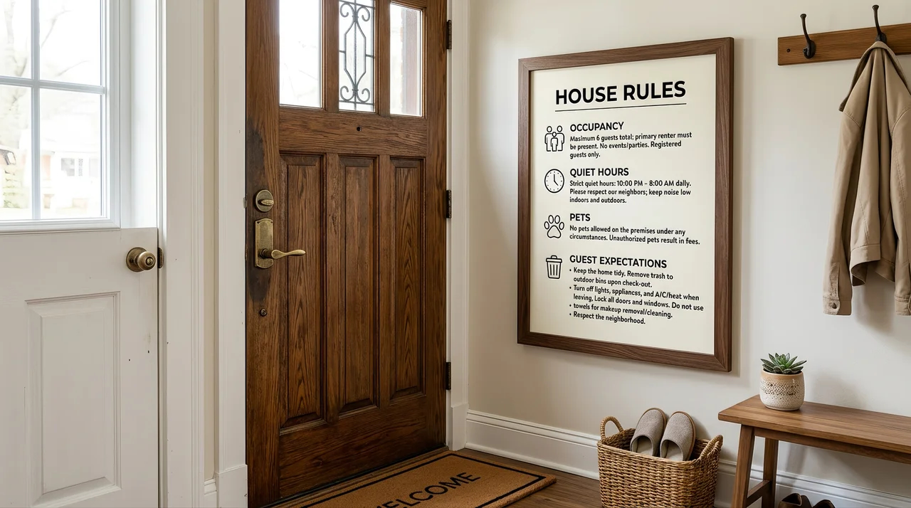 House rules displayed near the entrance of a short-term rental property