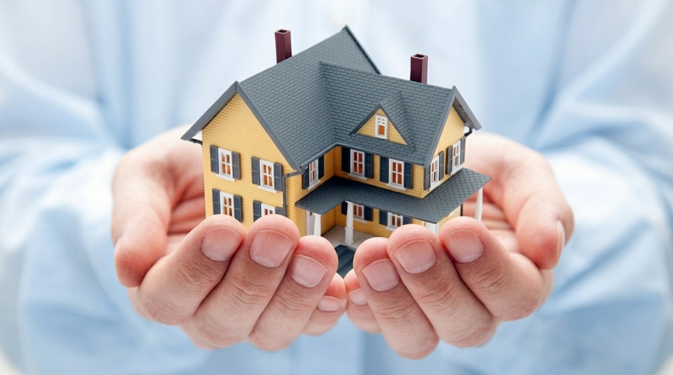 Two open hands holding a small yellow model house, showing property passing safely to a new owner.File name:property-title-document-model-house