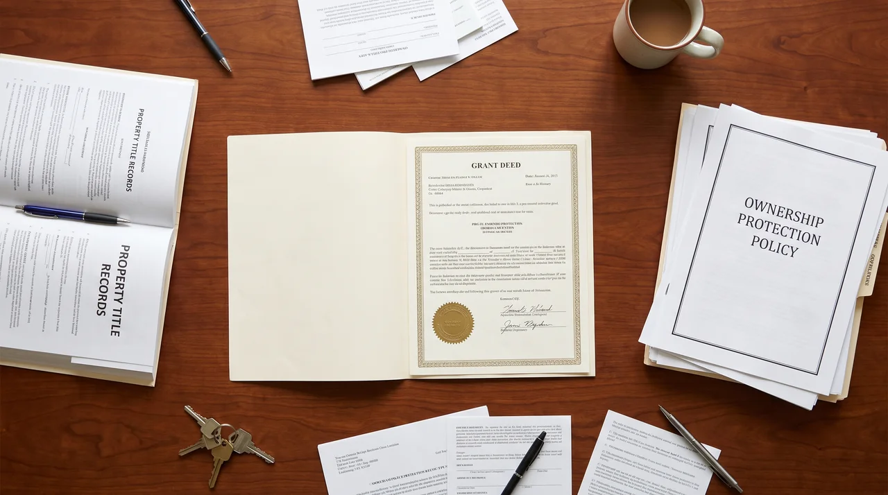 Grant deed and title records arranged together on a residential property closing table