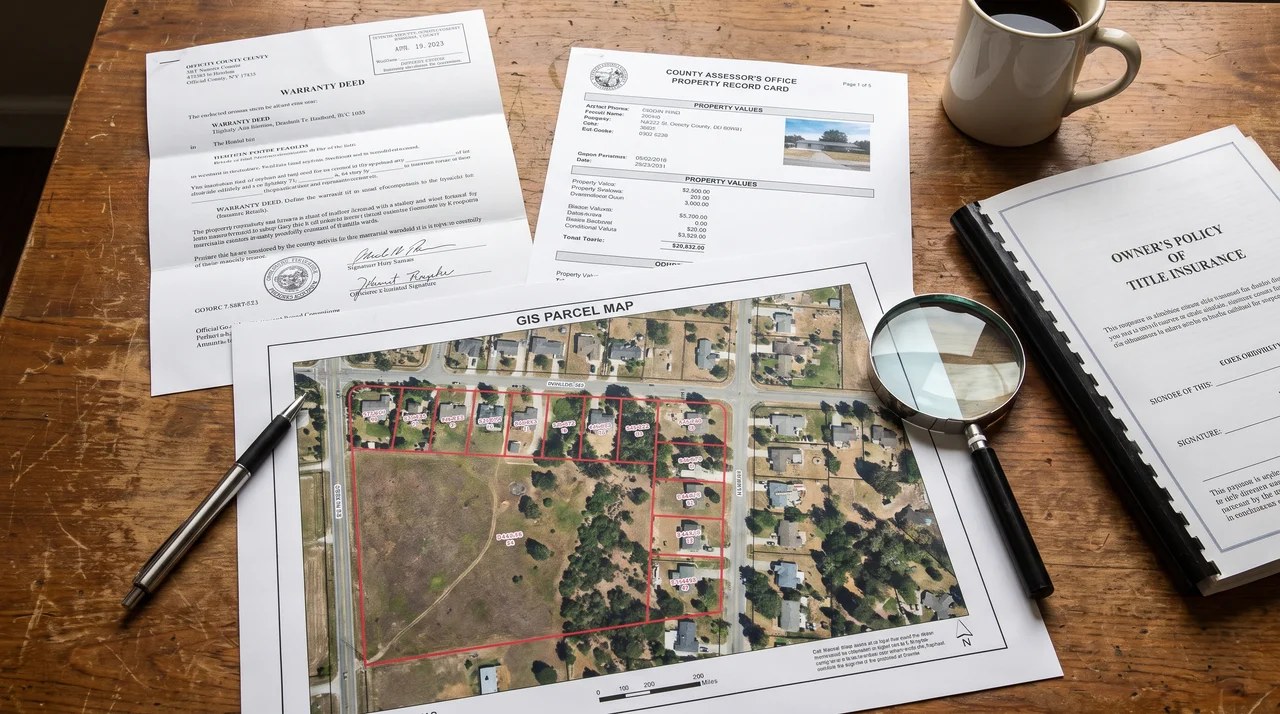 Property deed, assessor records, GIS map, and title policy.