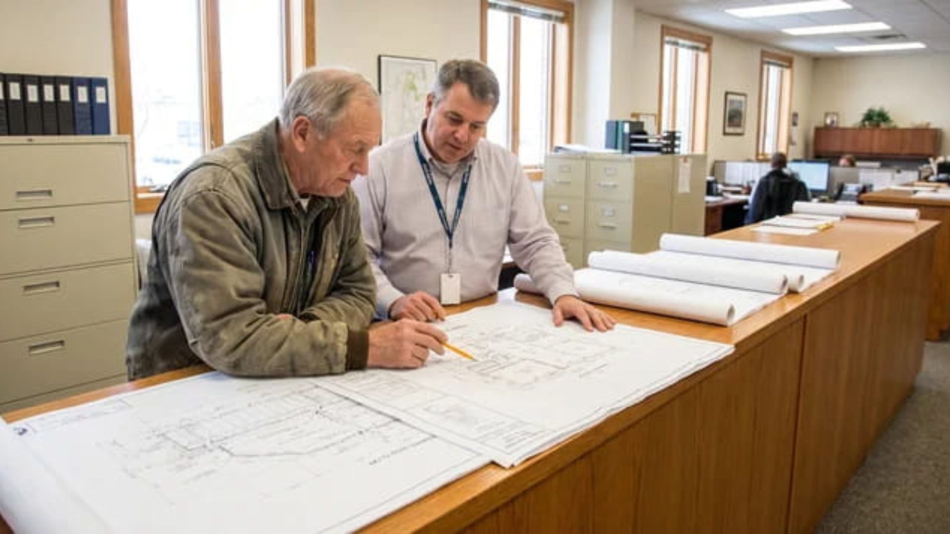 Homeowner reviewing a drainage easement relocation petition with a public works official.