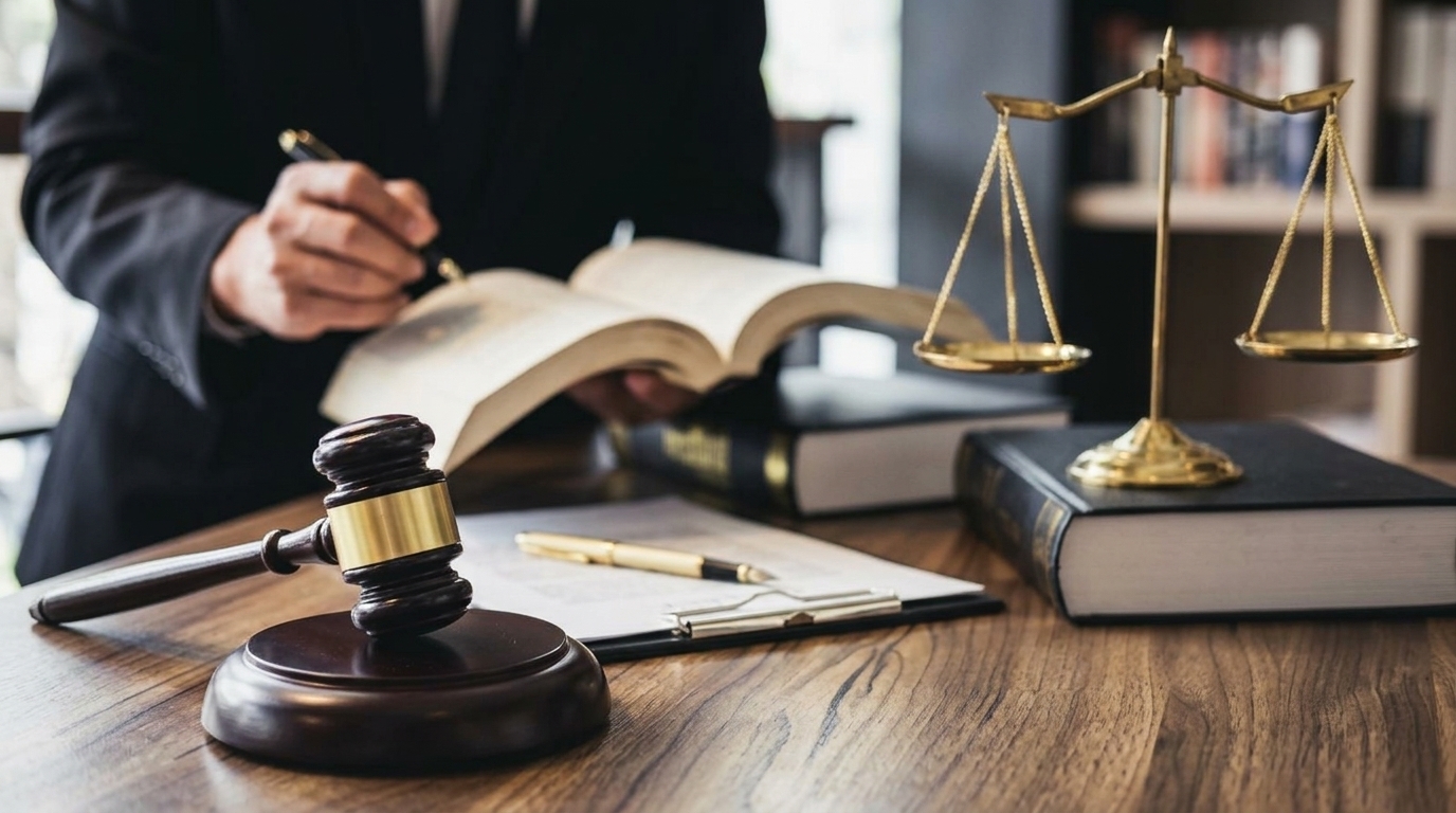Lawyer writing at a desk with a wooden gavel, scales of justice, and legal books nearby.File name:will-document-pen-desk
