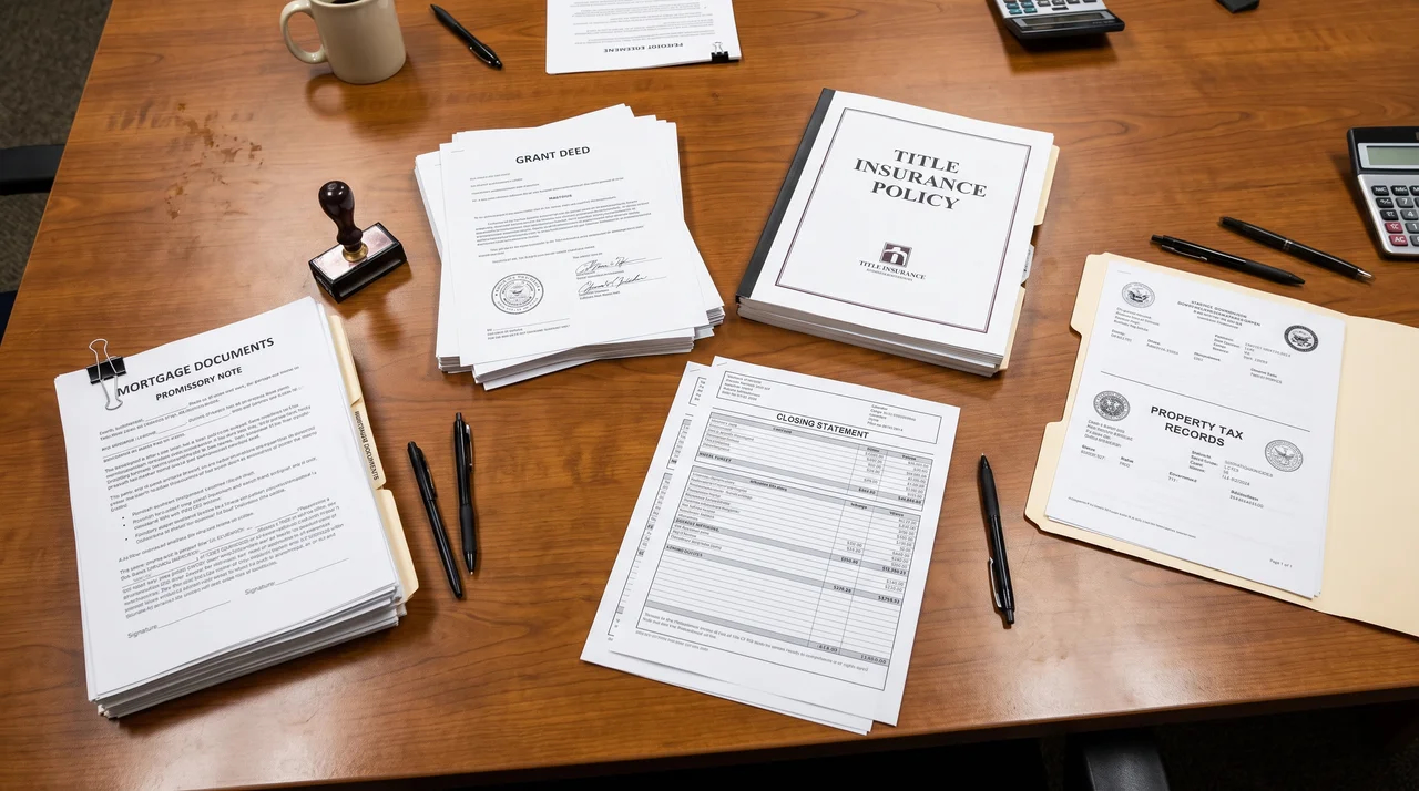 Grant deed, title insurance, closing statement, tax records, and mortgage documents together