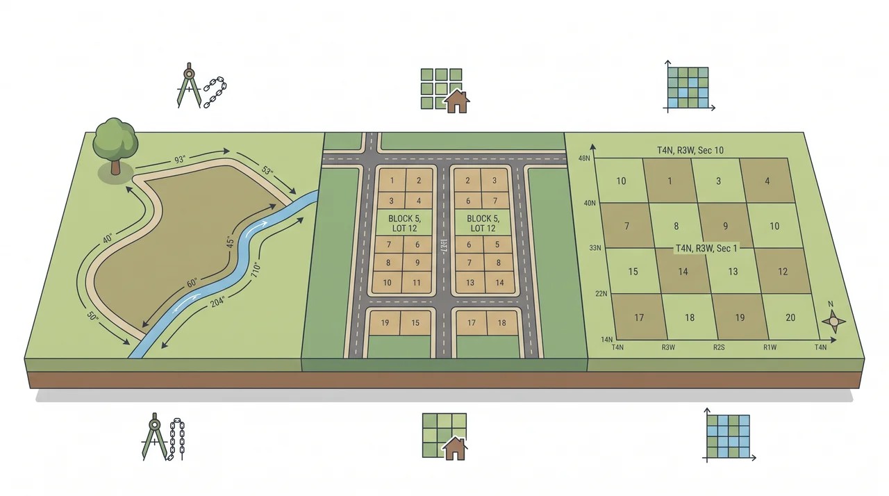 Diagram of metes and bounds, lot and block, and PLSS systems.