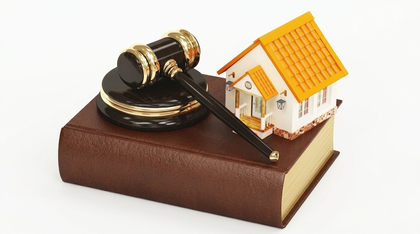 Wooden gavel and a small model house resting on a brown law book, showing property legal matters.File name: gavel-model-house-law-book