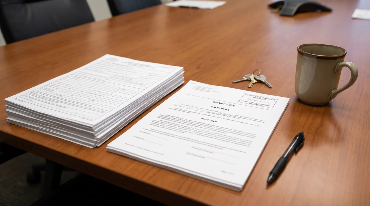 California grant deed beside county property recording documents and residential closing papers