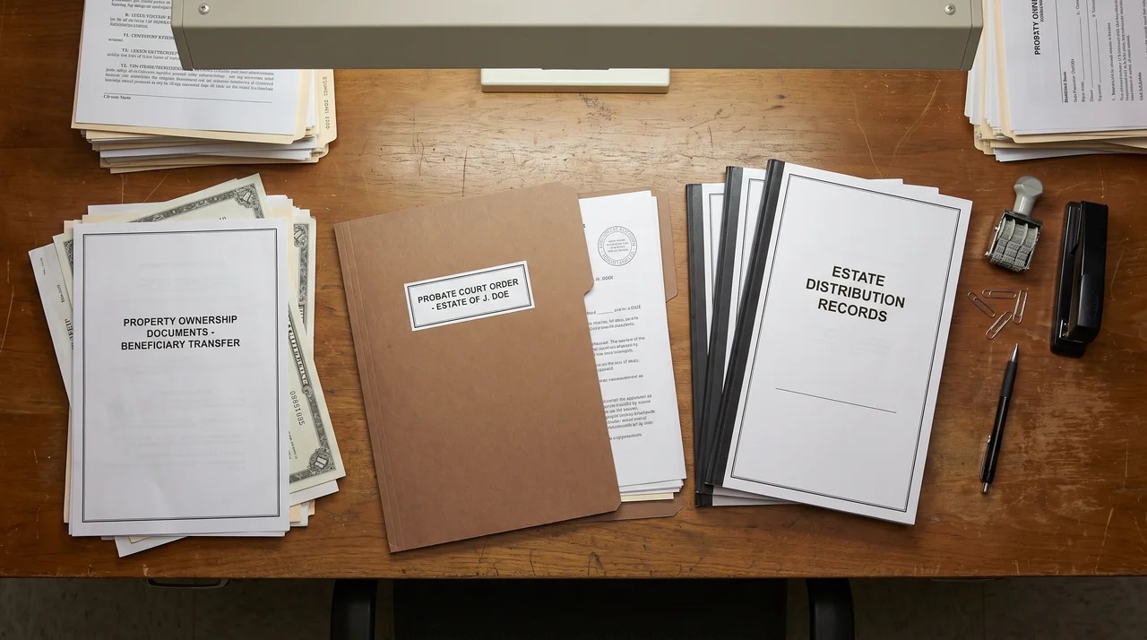 Court and estate documents showing property redistribution process.