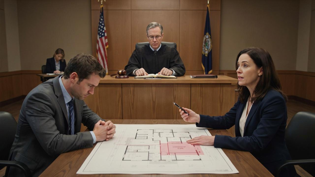 Divorcing couple and a judge dividing a house, showing how ownership shifts by law during a divorce case. File name: divorce-decree-house-transfer