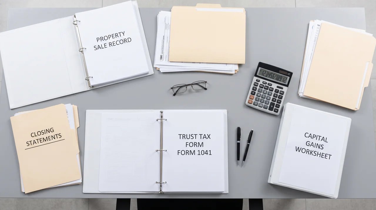 Property sale statements and trust tax documents on a desk.