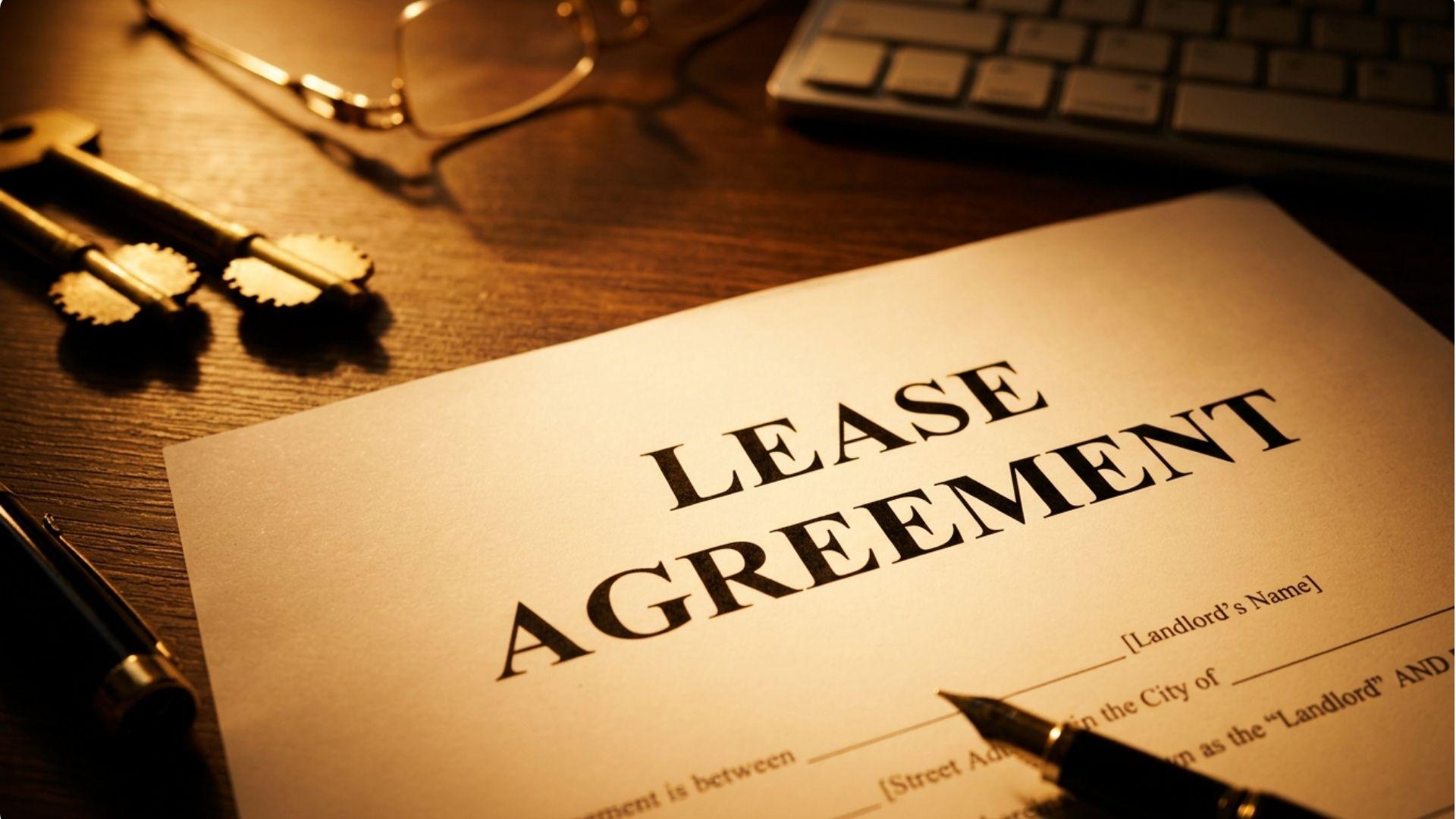 Close-up of Lease Agreement document with pen, keys, and glasses on wooden desk.