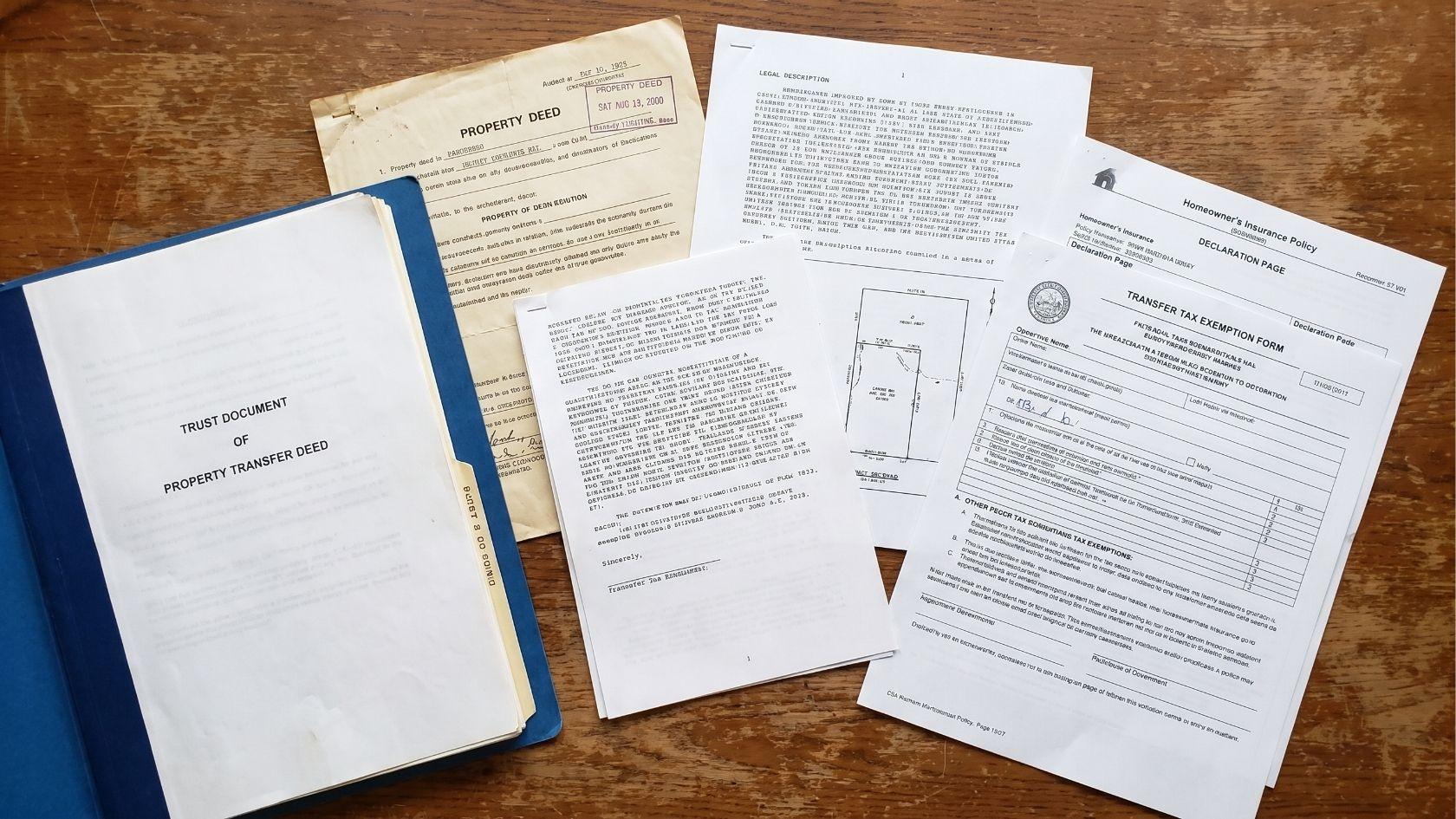 Property deed, trust document, transfer form, and homeowner insurance records