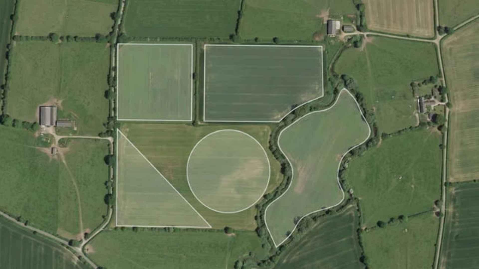 Aerial view comparing five differently shaped land plots, all equal to one acre in total area.