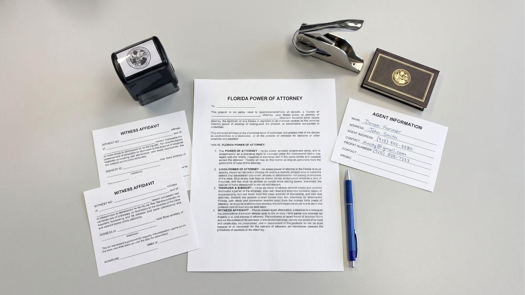 Florida power of attorney document with notary and witness materials