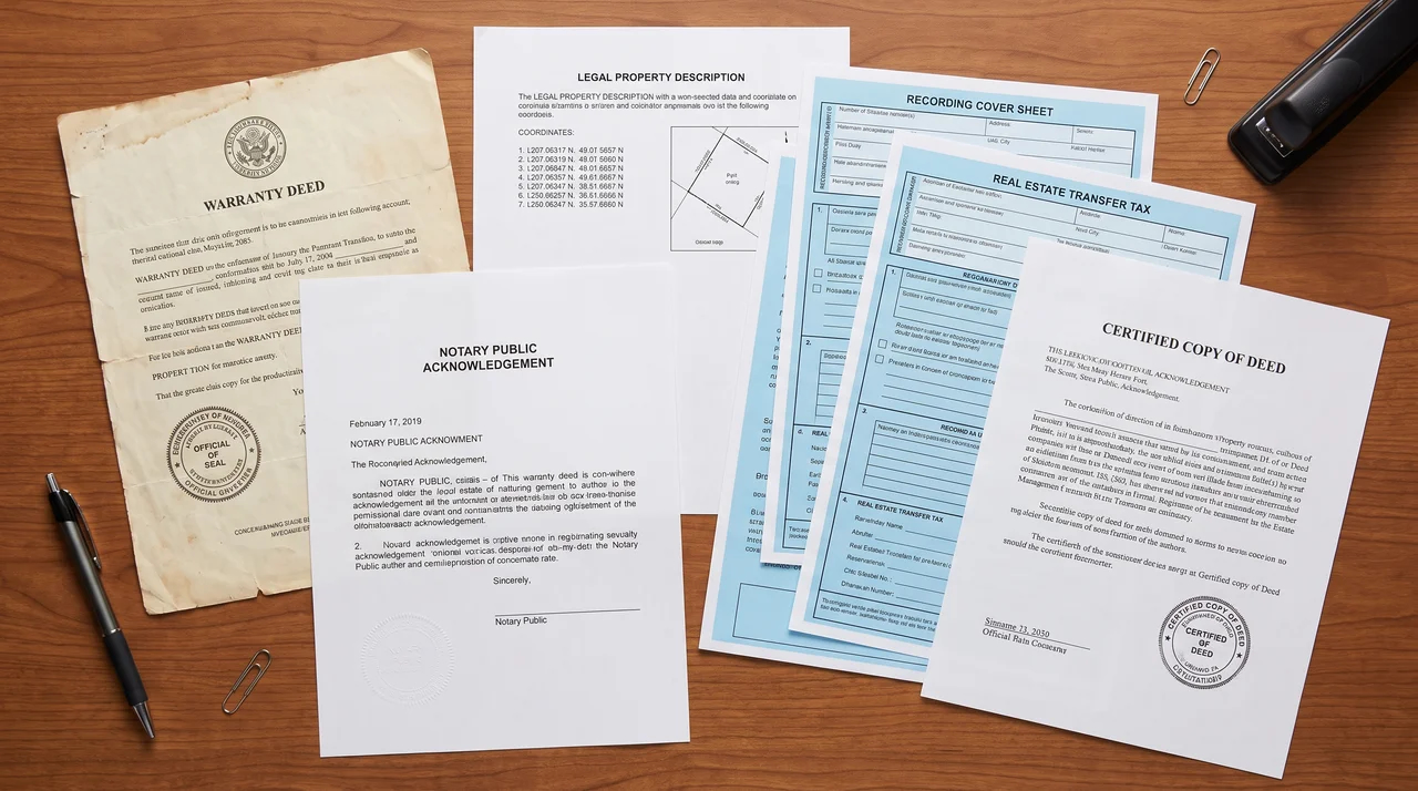 House deed and property recording documents arranged for filing