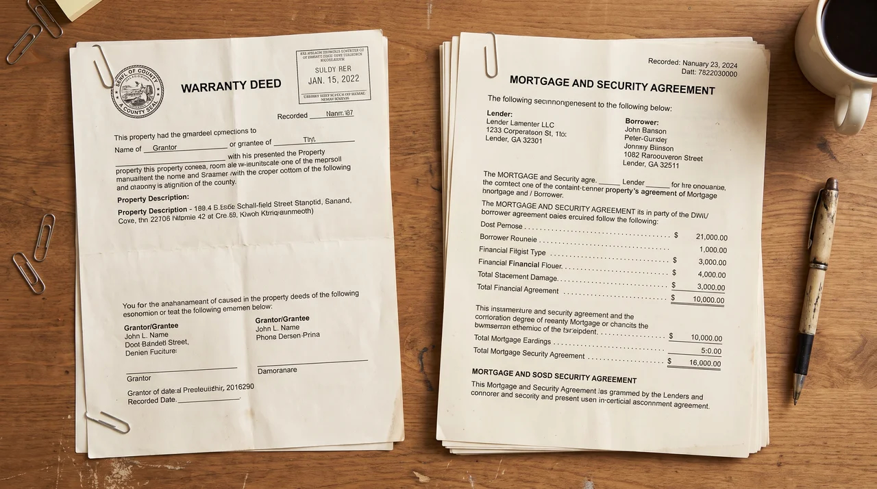 House deed and mortgage documents arranged separately