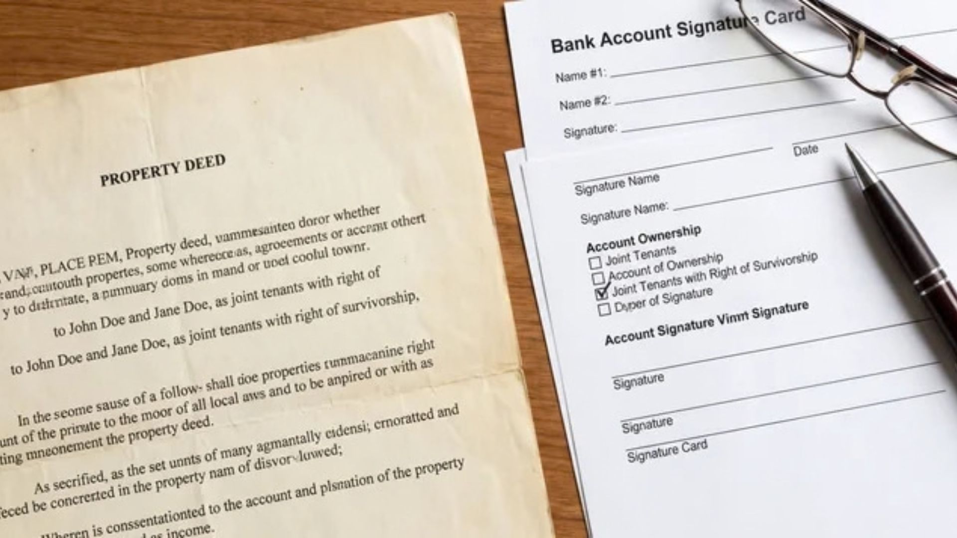 Deed and bank signature card showing joint tenants with right of survivorship wording
