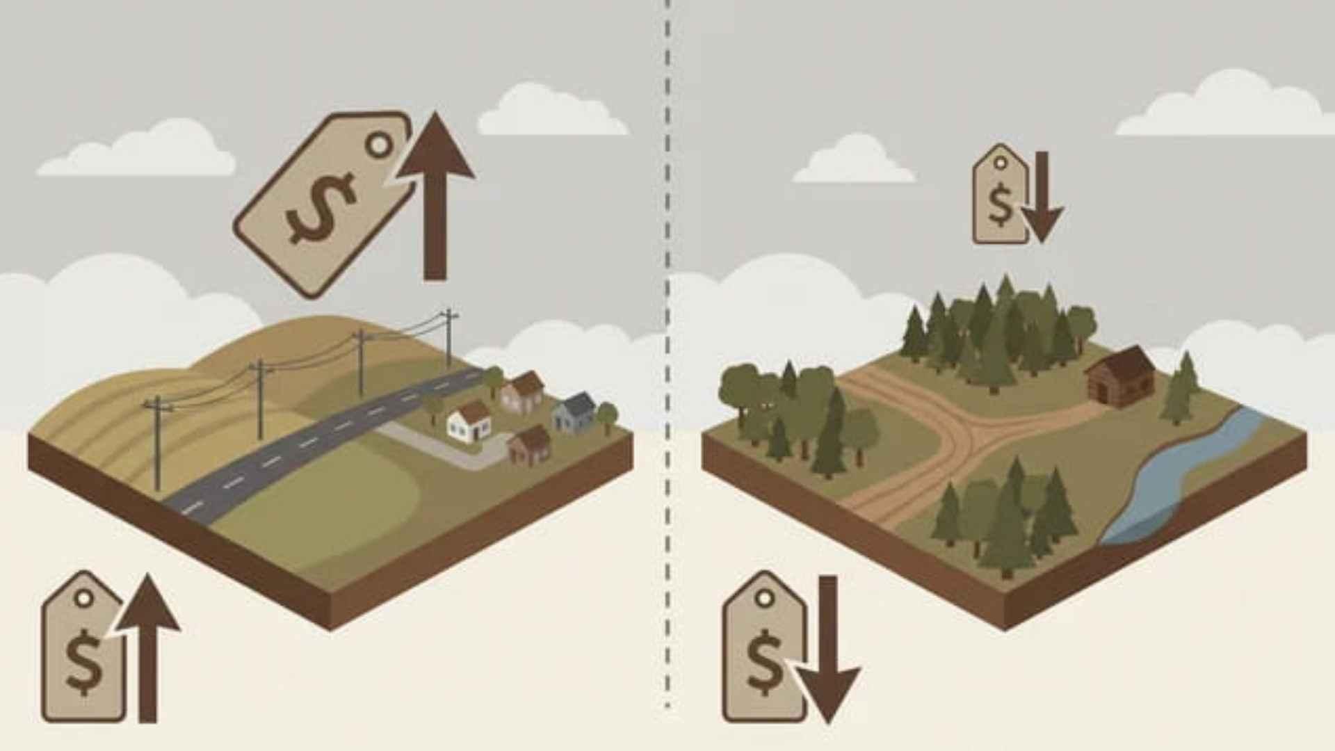 Illustration comparing two similar land parcels priced differently based on zoning, access, and location.