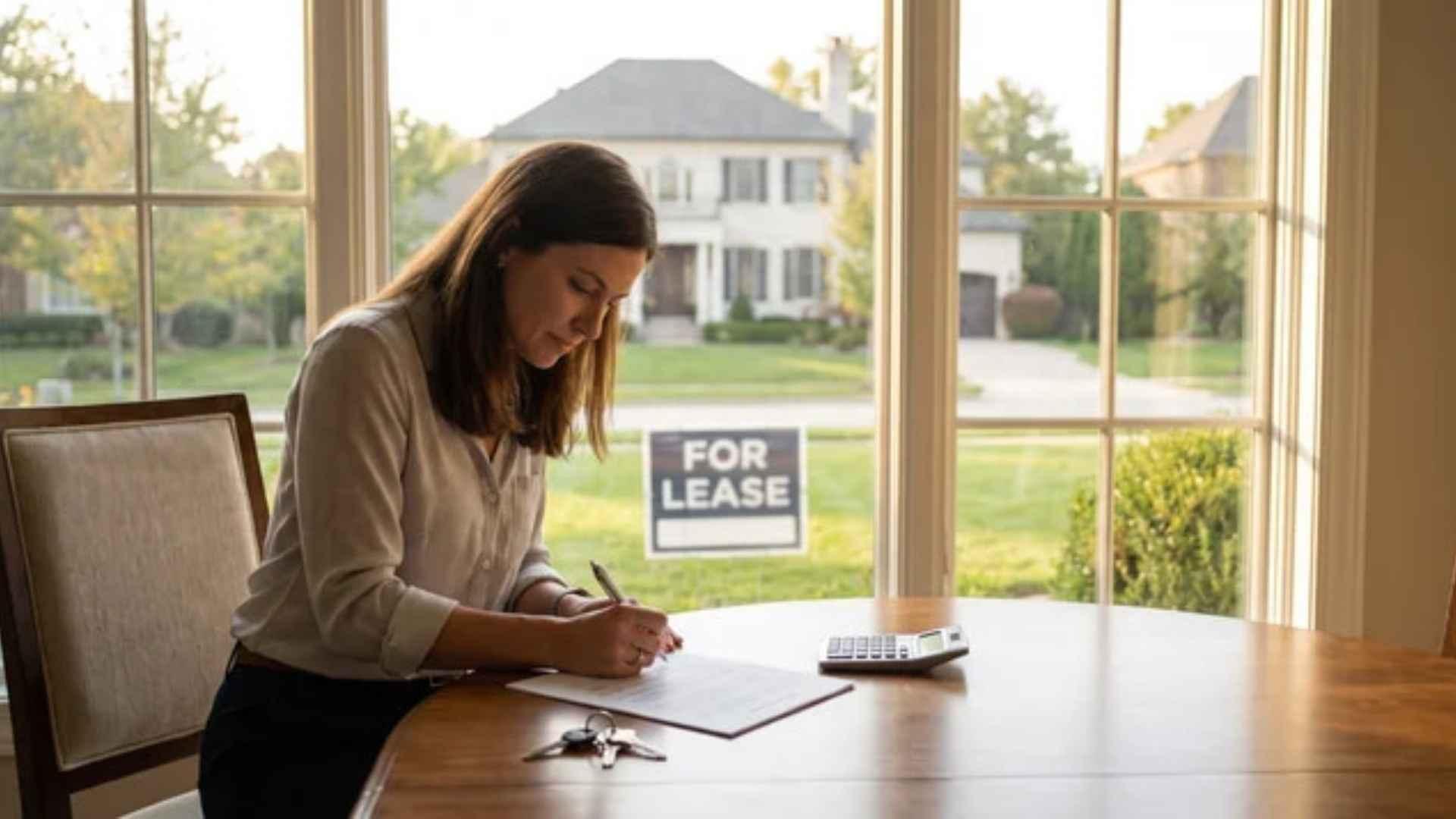 Lease-to-own house with a renter reviewing an agreement and future purchase option.