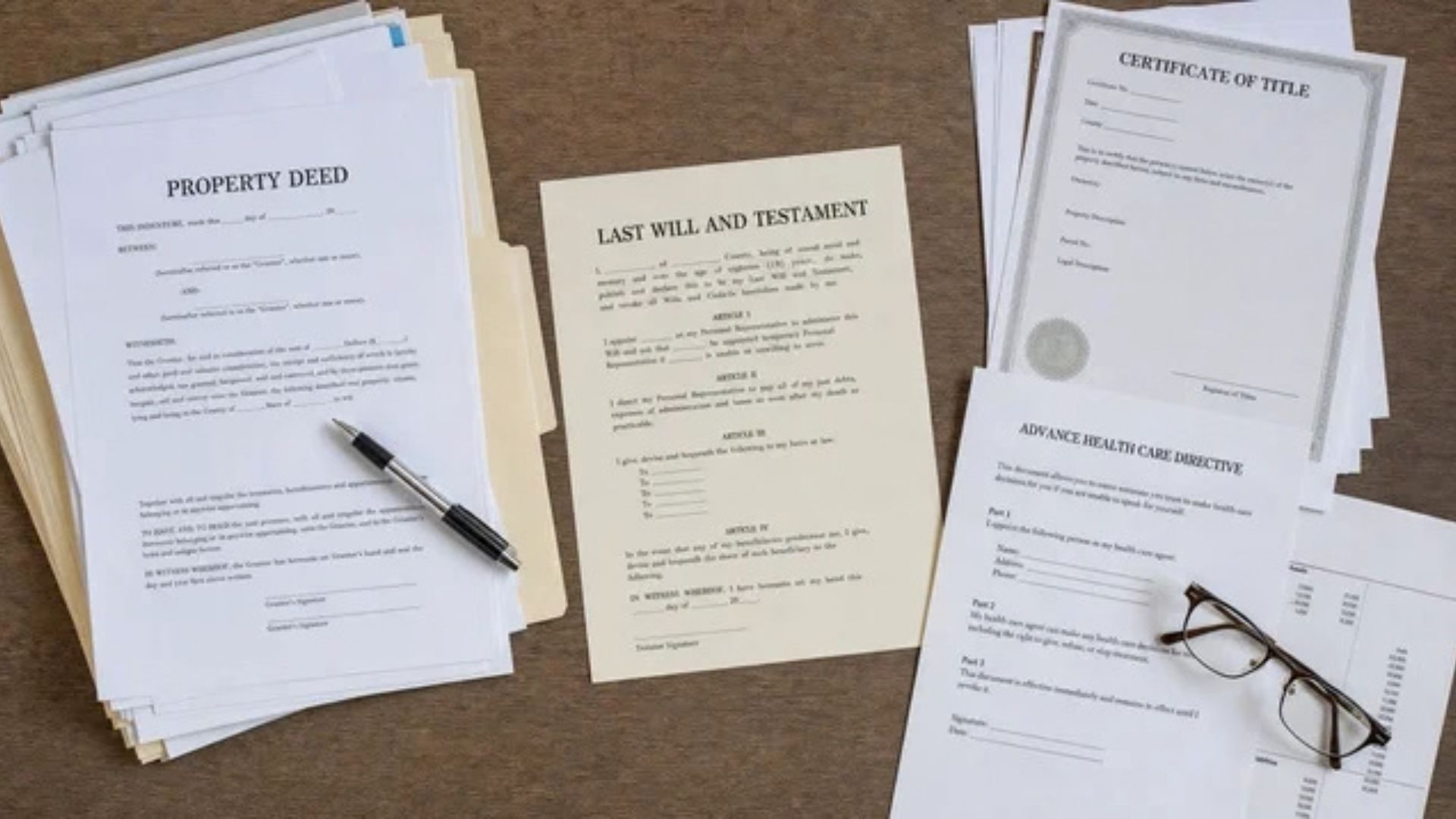 Property deed and estate documents laid on a flat surface