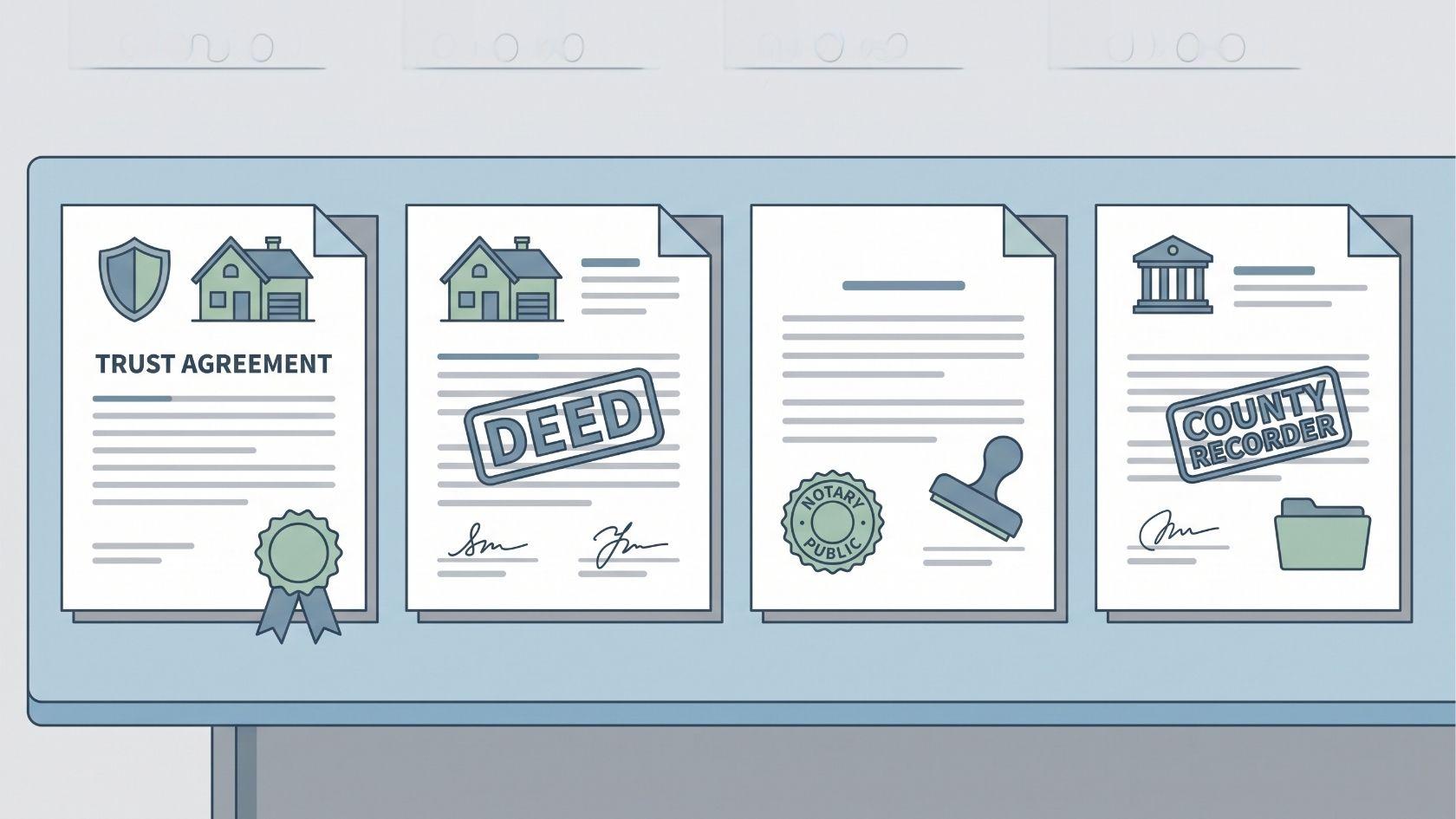 Trust document, new property deed, notarization, and county recording paperwork