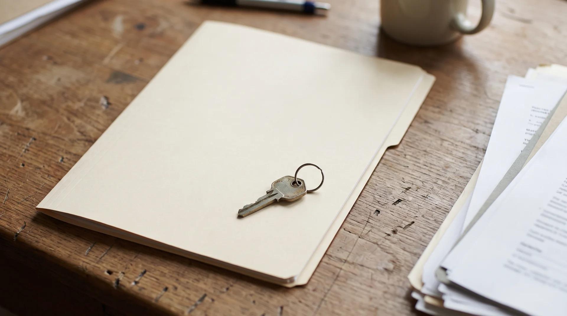 A house key resting on a folder beside a stack of papers on a desk