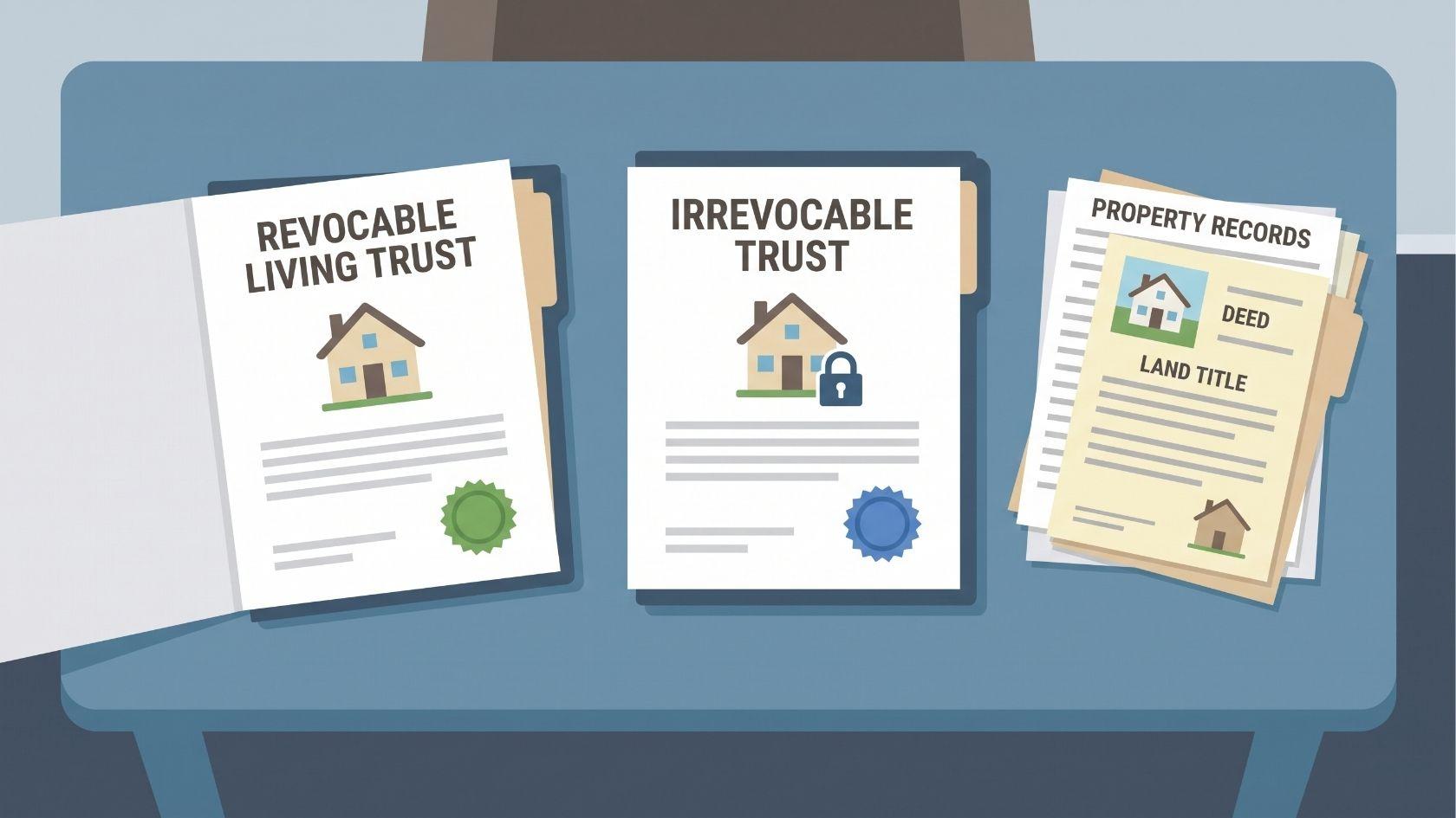 Revocable and irrevocable trust documents beside residential property records