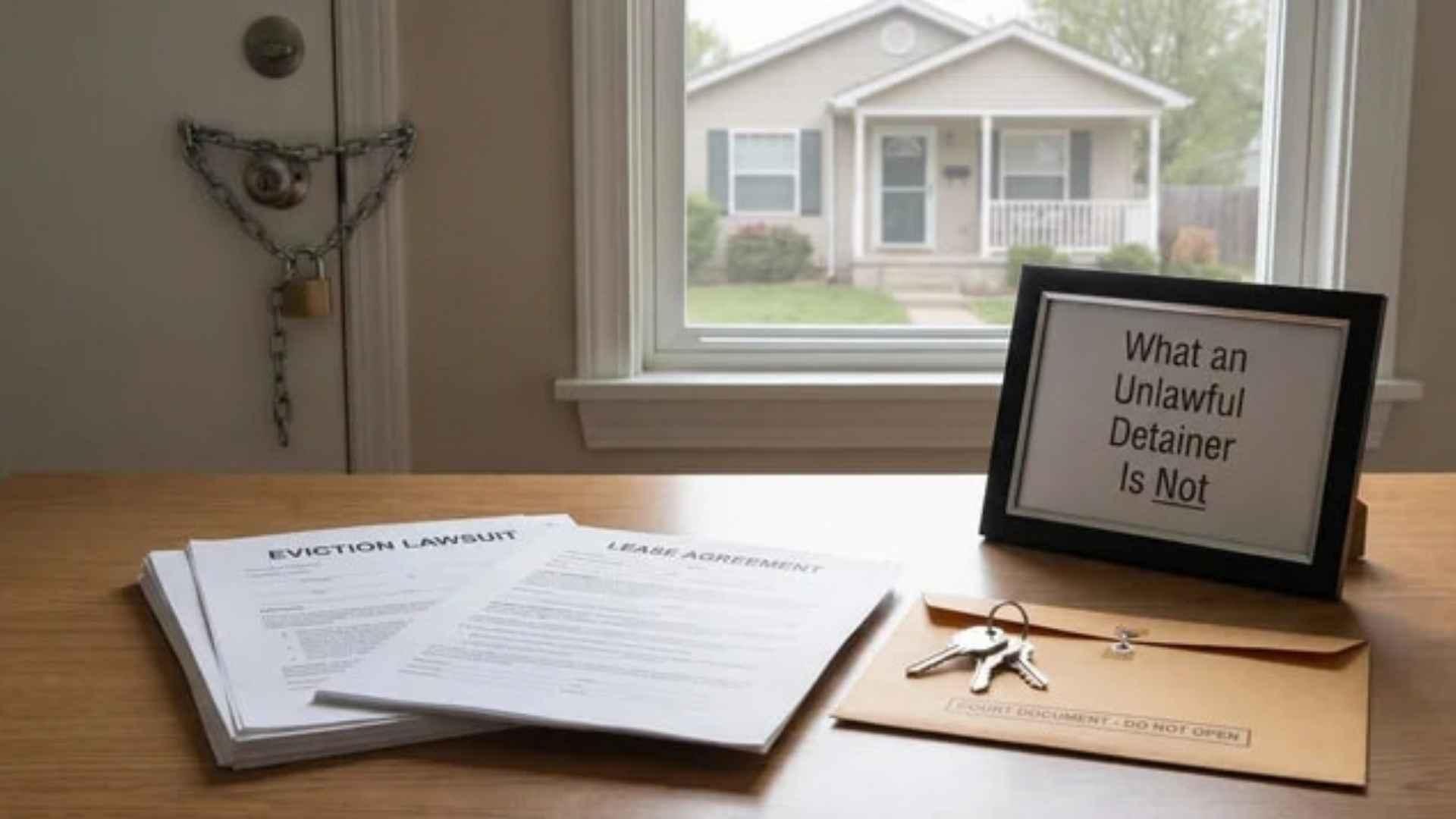 Unlawful detainer court papers beside house keys, showing the difference between legal eviction and self-help eviction.