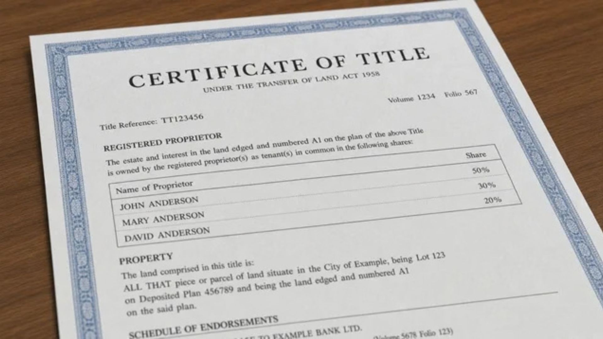 Property title document on a desk surface