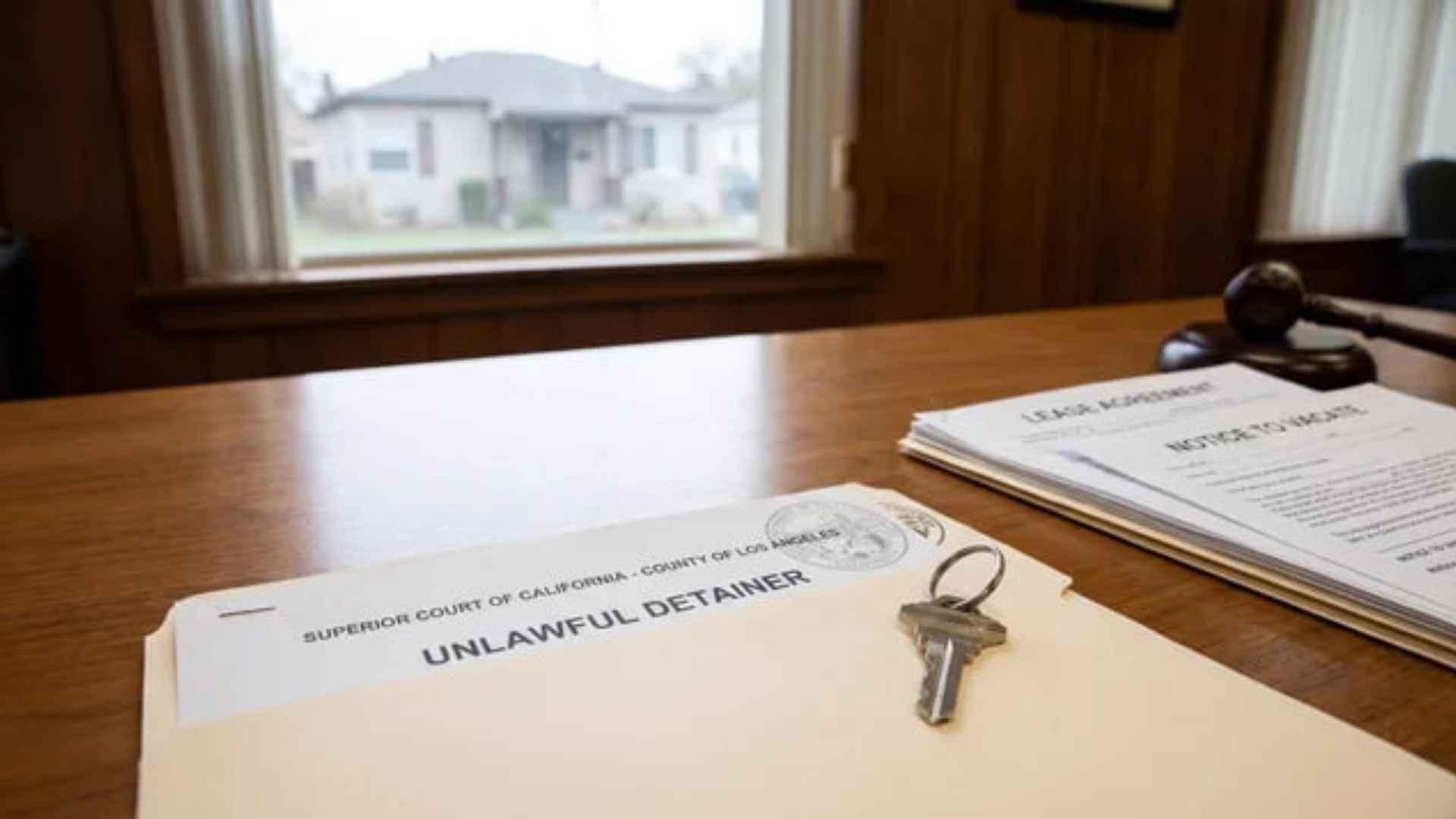 Unlawful detainer notice beside a house key and legal documents representing a landlord-tenant eviction case.