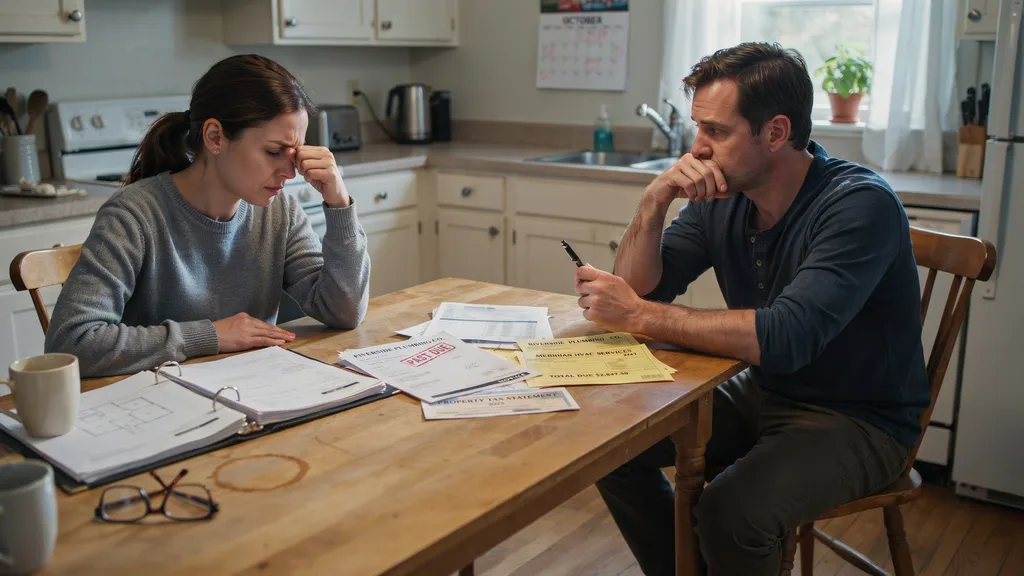 Co-owners discussing shared expenses and property documents during a disagreement at home.