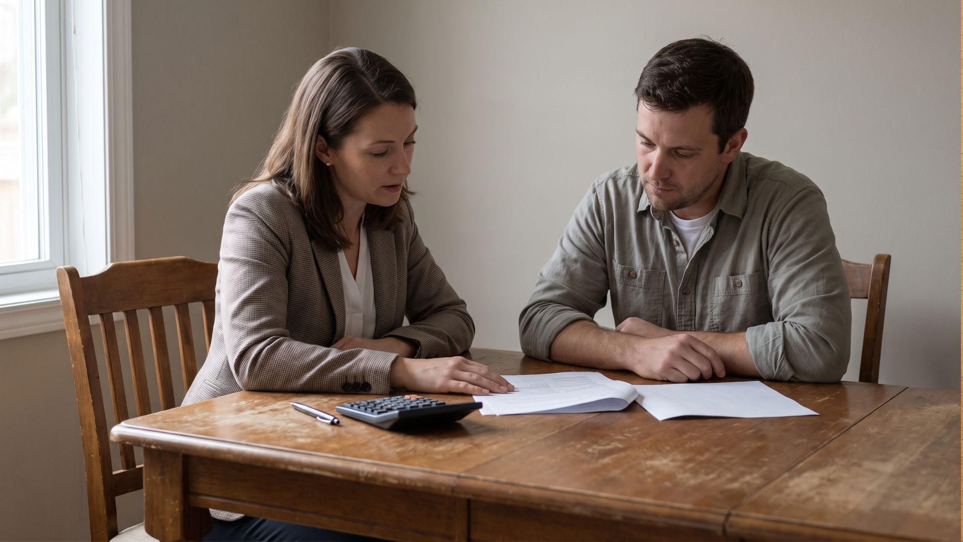 Agent and seller discussing commission terms over a document and calculator at a table with a pen nearbyFile name-agent-seller-commission-negotiation-table