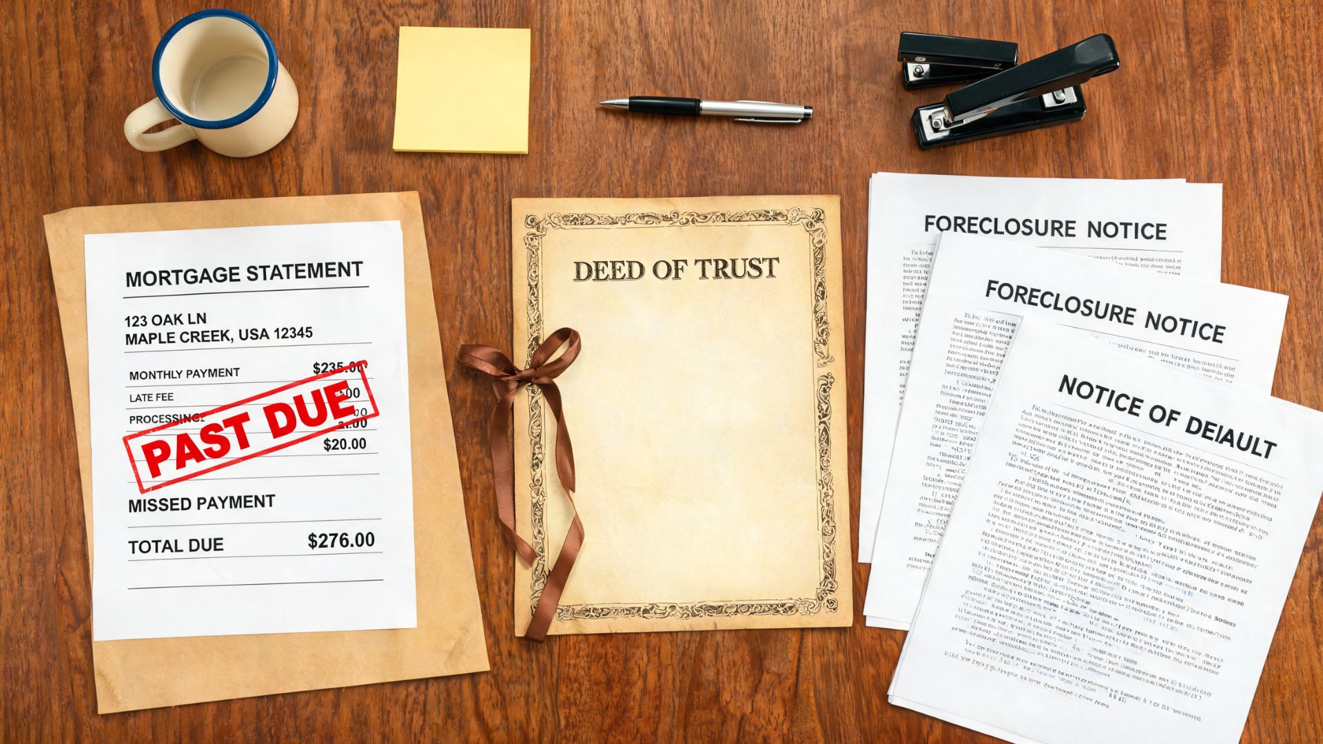 Mortgage statement, house deed, and foreclosure paperwork on a deskFile name-unpaid-trust-house-mortgage