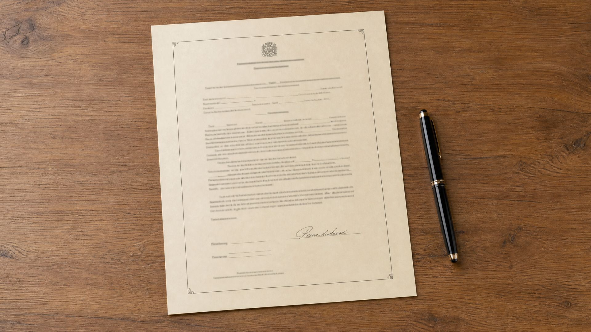 Legal deed document on a wooden desk beside a black ink penFile name-lady-bird-deed-document-desk