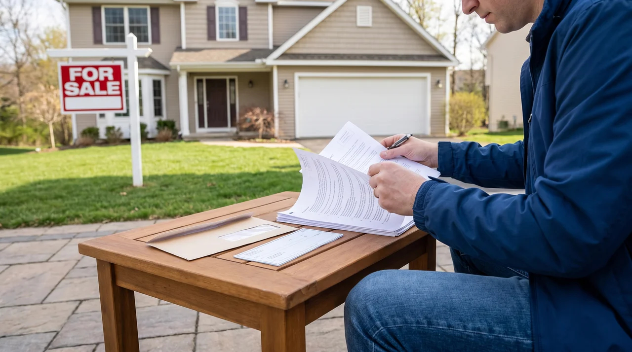Homebuyer reviewing a house purchase contract near a residential propertyFile name-house-purchase-contract-review