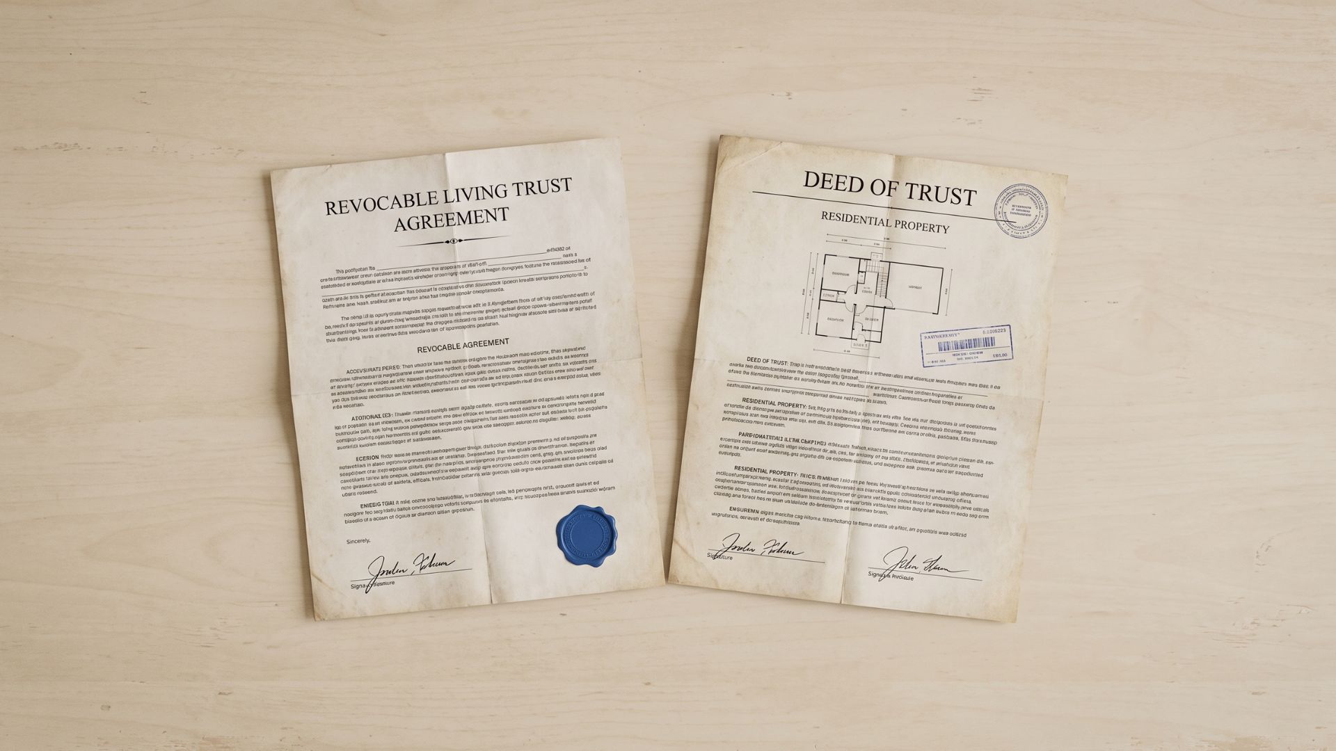 Signed trust document and property deed side by side on a flat surface Filename: mortgage-house-deed-trust-documents