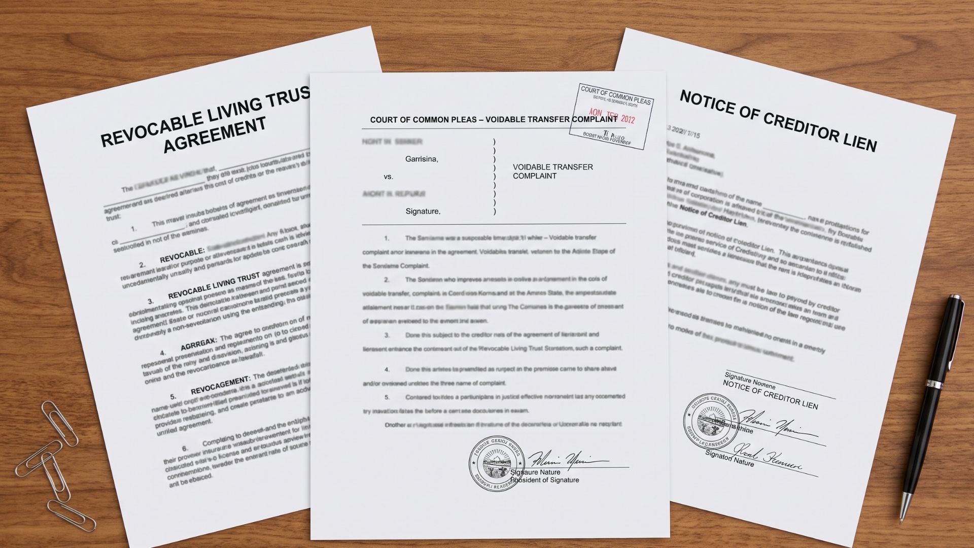 Revocable trust document, creditor lien notice, and voidable transfer court filing on a flat surfaceFilename: revocable-trust-creditor-lien-voidable-transfer
