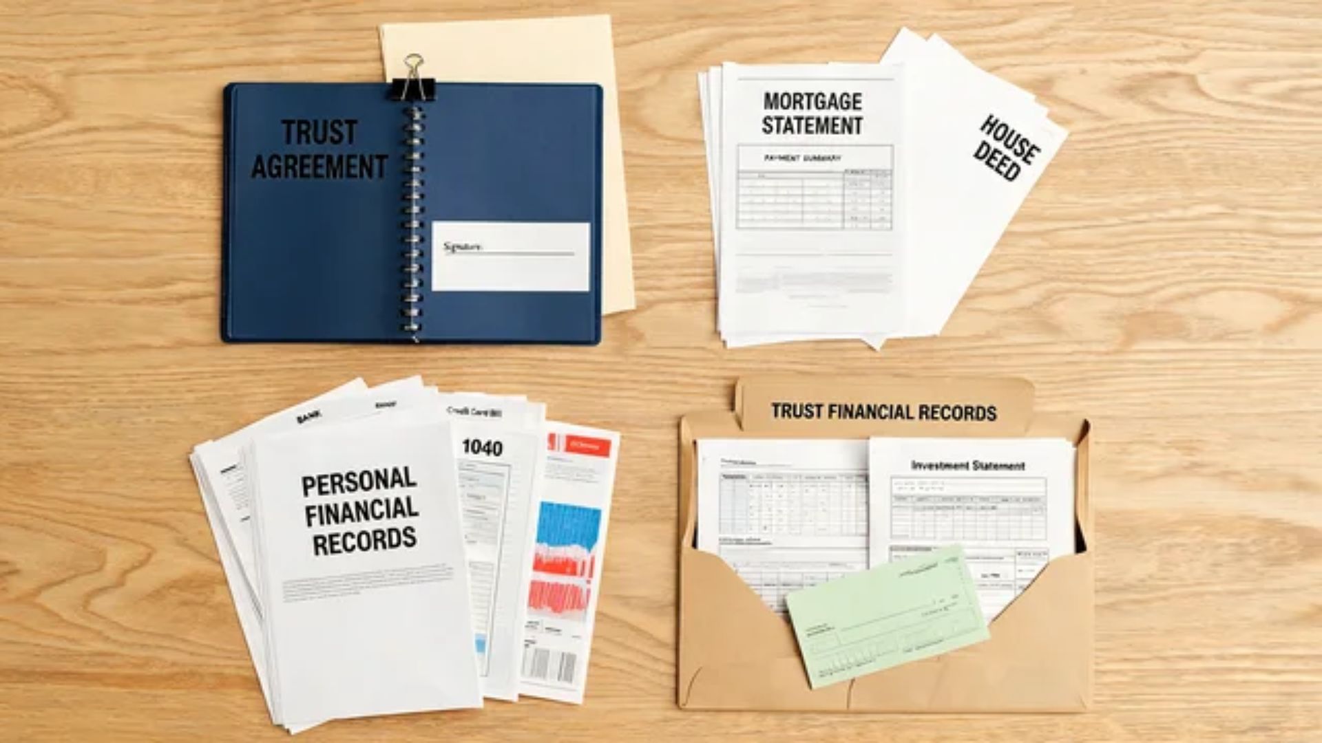 Trust documents, mortgage statement, house deed, and financial records on a deskFile name-trust-mortgage-payment-roles