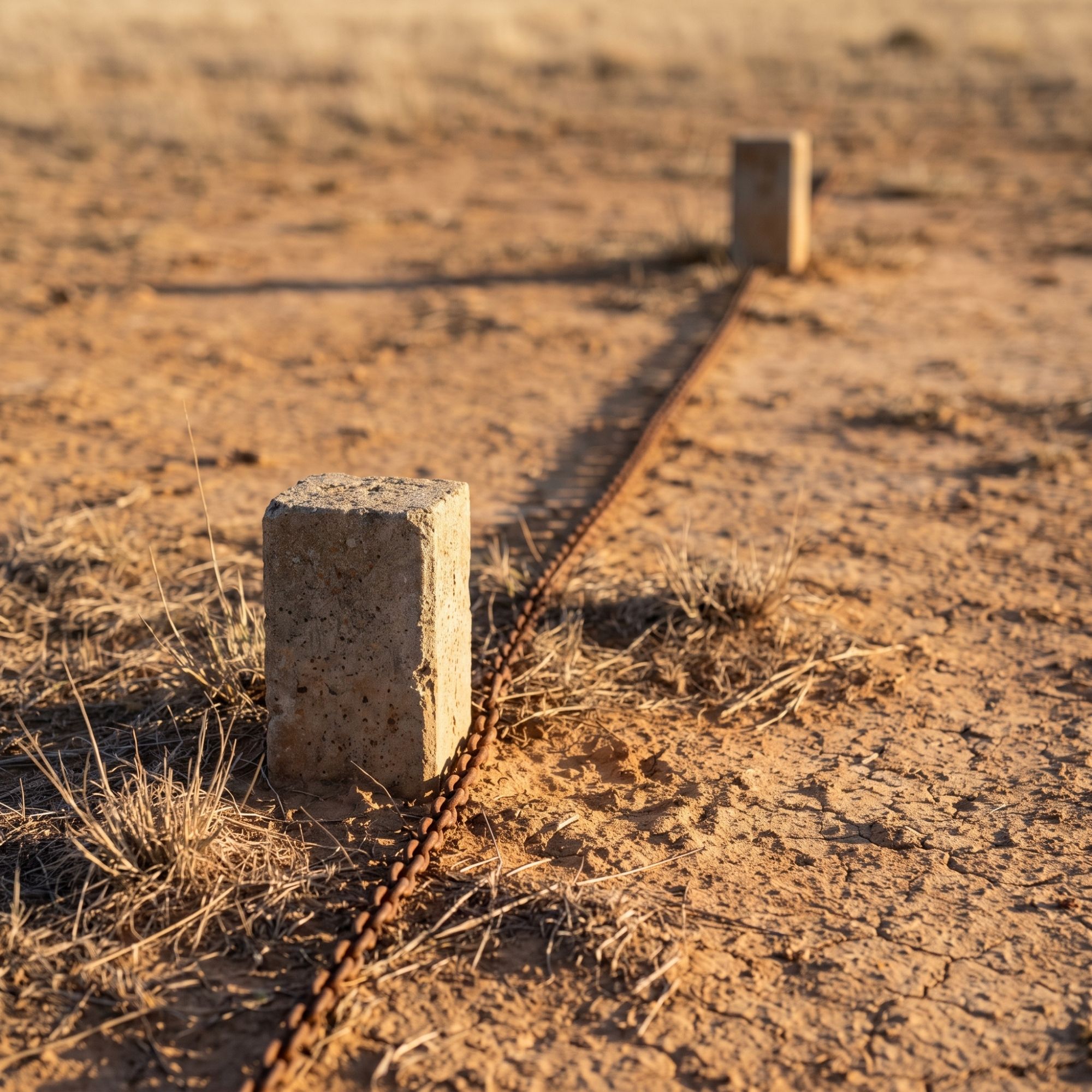 Concrete boundary marker post in dry earth with a steel surveying chain extending to a second post