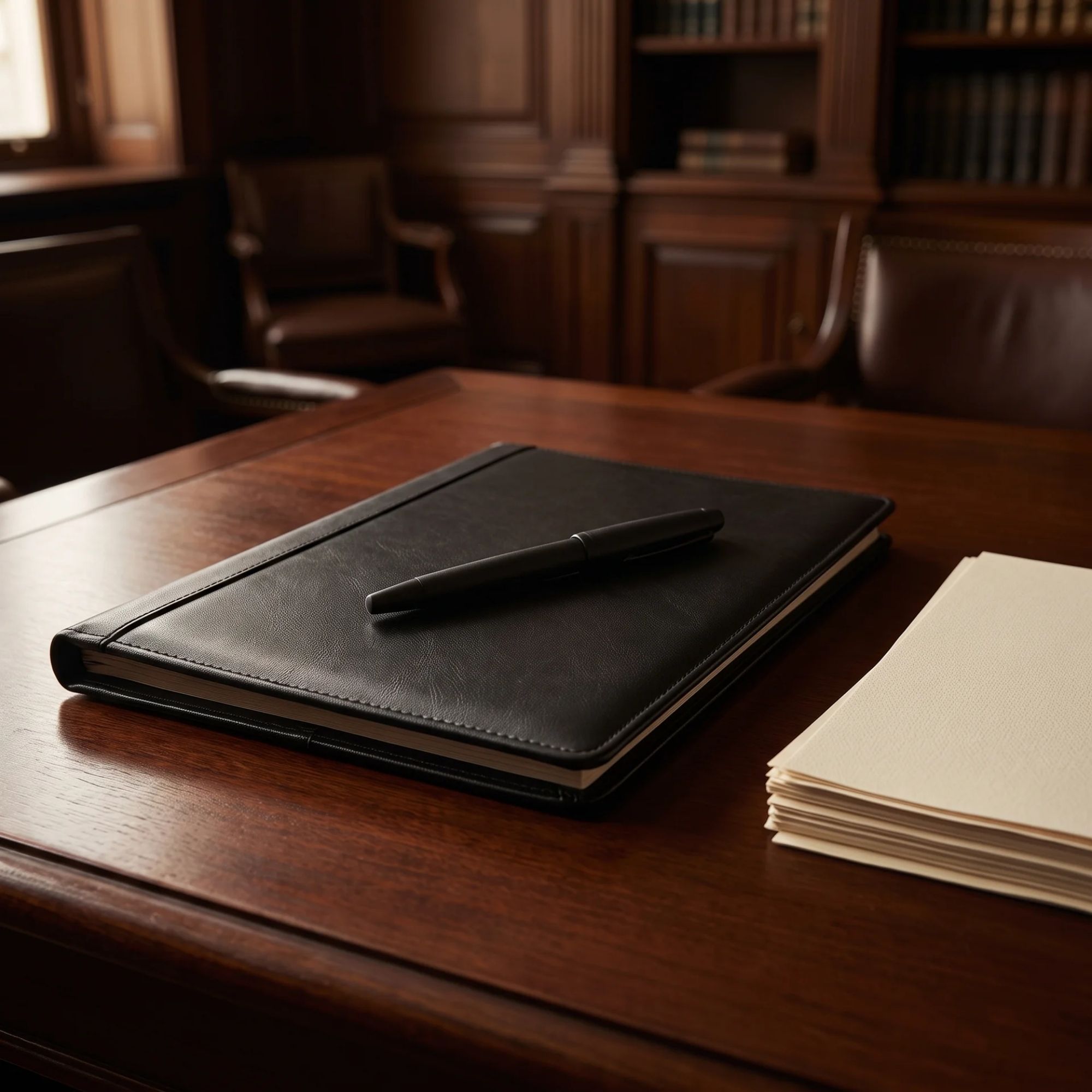 Black leather legal portfolio and fountain pen on a dark mahogany desk with document pages