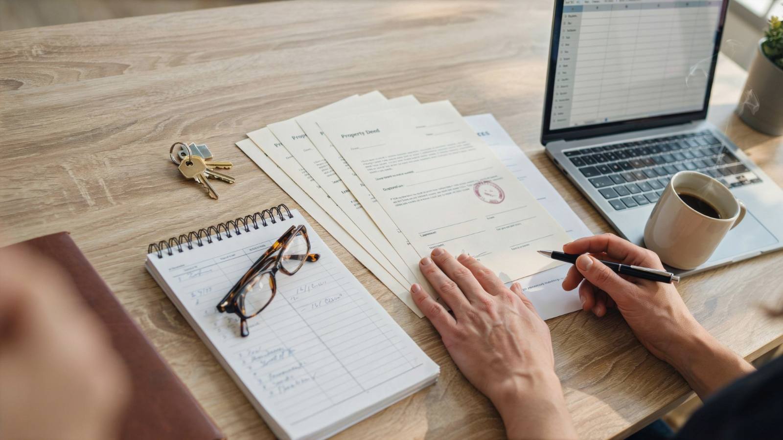 Homeowner organizing property and rental documents before renting out a house