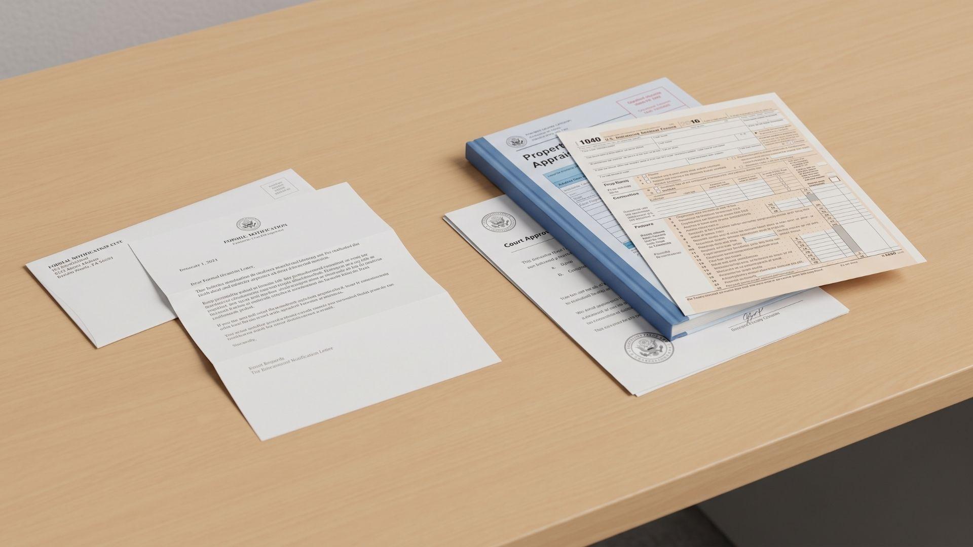 Notification letter set apart from a stack of tax, appraisal, and court documents