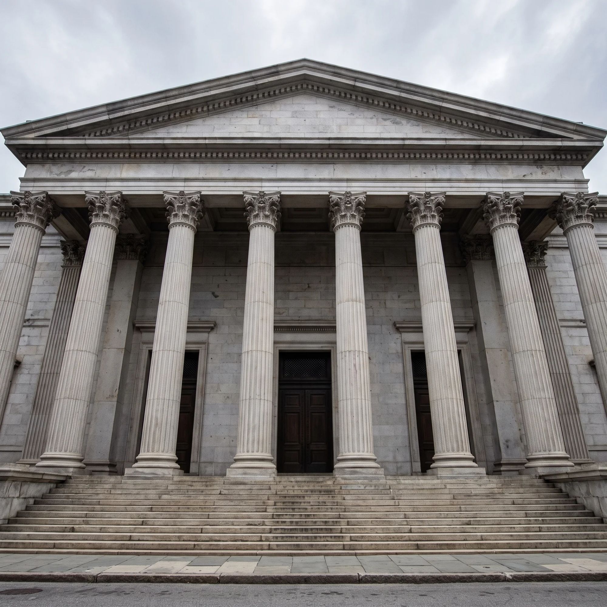 Neoclassical stone building with tall fluted columns and wide stone steps under overcast sky