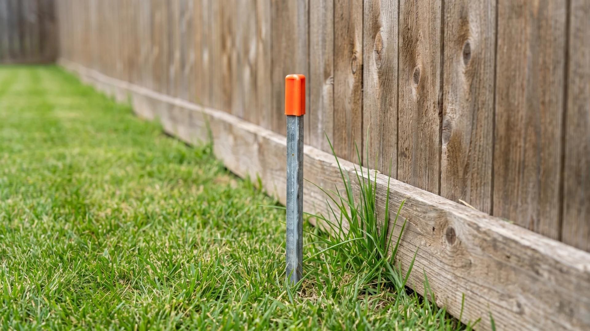 Metal property boundary survey stake driven into lawn beside a wood fence