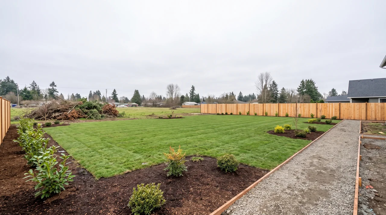 Mowed grass, landscaping, fencing, and maintained areas on vacant property