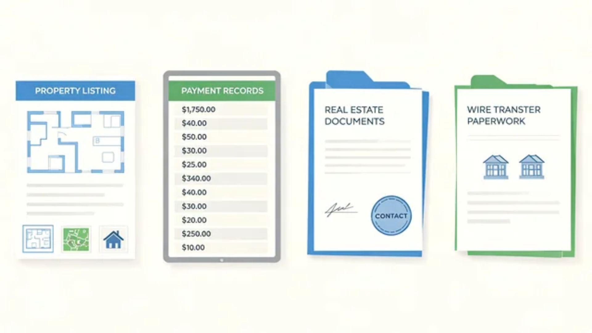 Property listing, payment records, and wire transfer documents