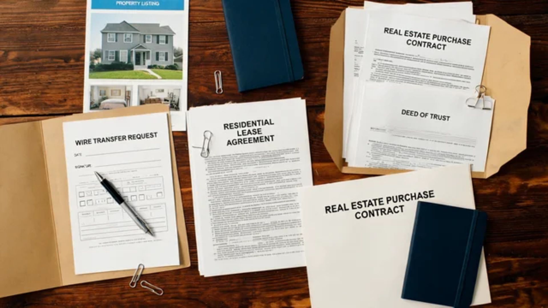 Property listing, wire transfer request, rental documents, and real estate paperwork