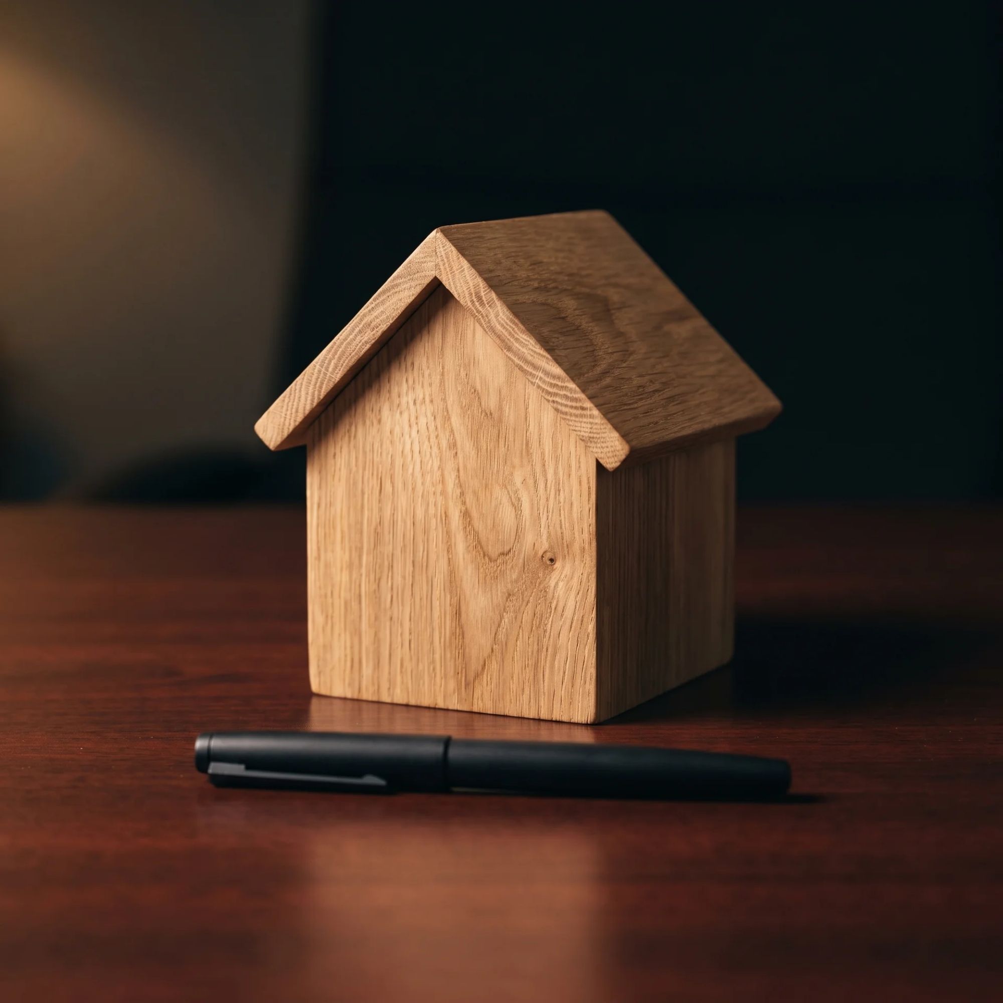 Small oak wood house model on a dark mahogany desk with a matte black pen in front