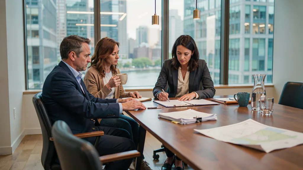 Real estate attorney explaining property sale options to two co-owners in an office.